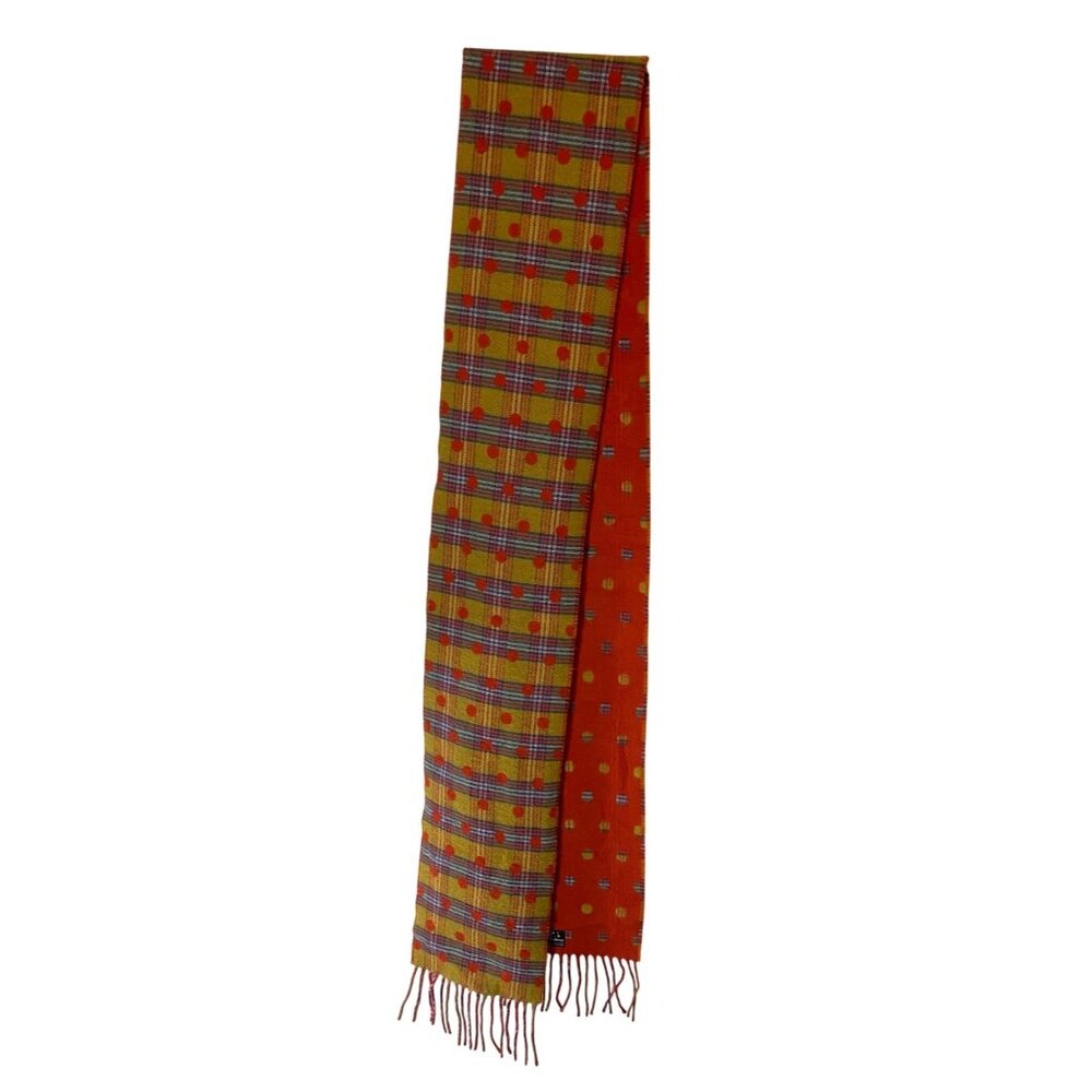 V. Fraas Cashmink Polka Dot & Plaid Reversible Scarf 80” Gold Orange Blue Plaid